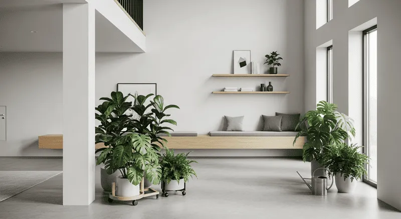 吹き抜け床土間と観葉植物のメンテナンス活用法