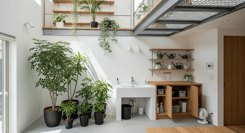 吹き抜けと観葉植物のためのメンテナンス動線設計