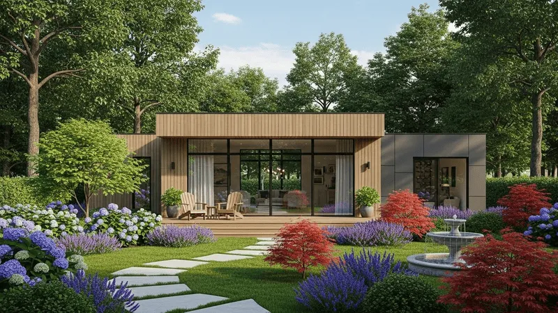 緑に囲まれた家と緑に囲まれた庭で戸建て